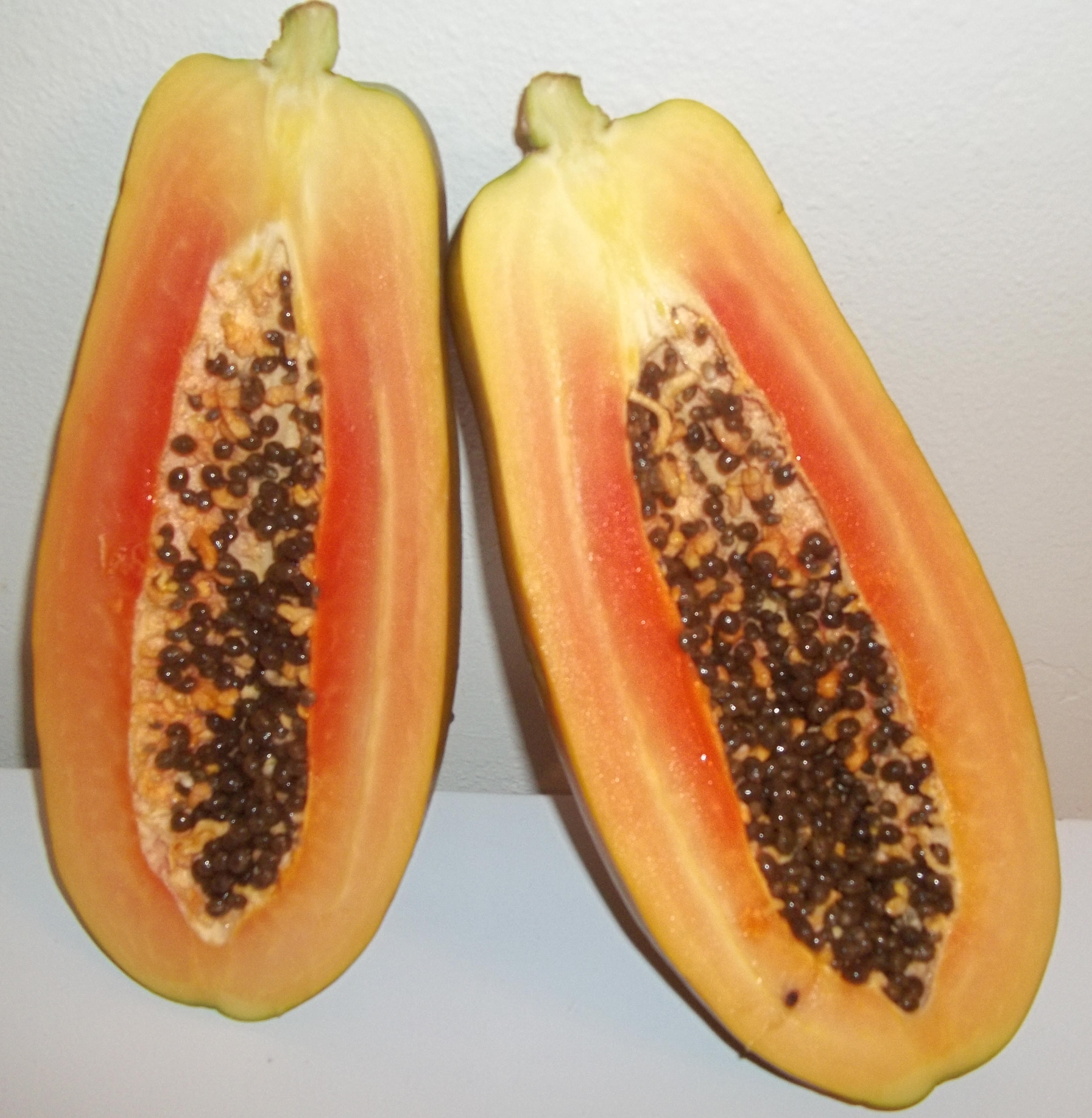 Papaya cut in half.  Picture taken by me! 