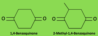 Structure of main quinones found in the spray of bombardier beetles.Click for more information on Quinone! Image created by Sarah Lloyd (2013). Information from Eisner et al. (2000).