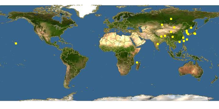 Map of location of P. xuthus around the world