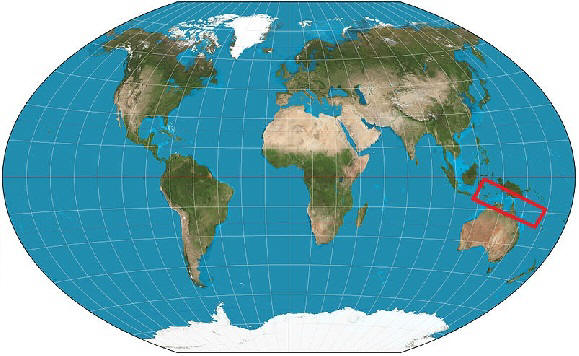 World map view of the natural habitat of Wonderpus photogenicus.  Photo credit: Wikimedia Commons