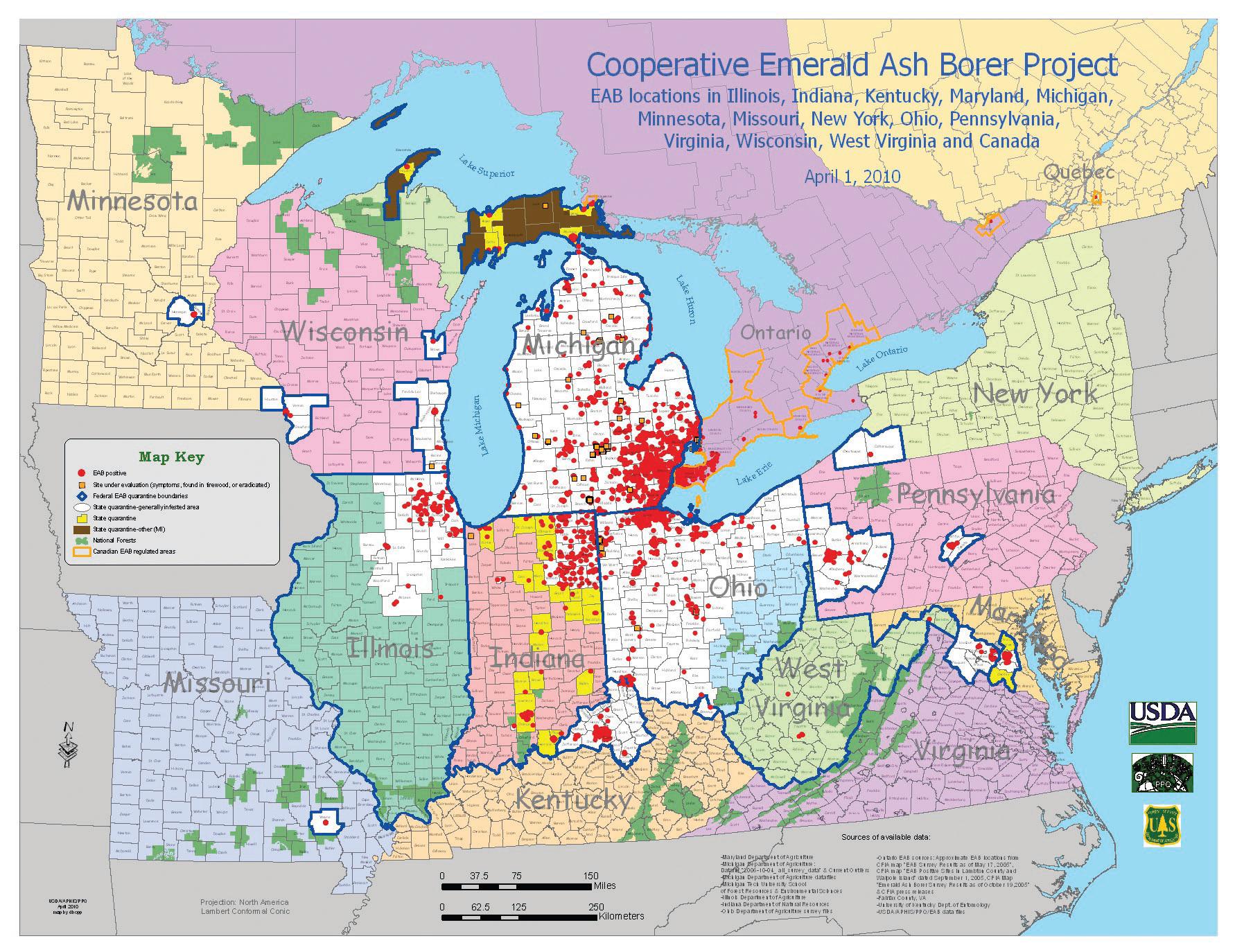 Map of Emerald Ash Borer positive locations as of April 1, 2010
