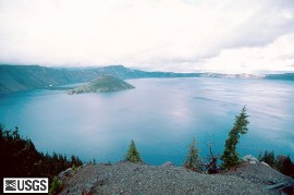 found at http://vulcan.wr.usgs.gov/Imgs/Jpg/CraterLake/Images/CraterLake82_crater_lake_and_wizard_island_09-82_med.jpg