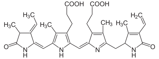 Phycoerythrobilin, the chromophore of phycoerytherin.  Image from http://commons.wikimedia.org/wiki/File:Phycoerythrobilin2.svg