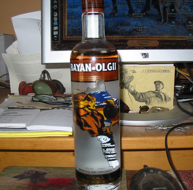 Bayan Olgii Monogolian Vodka. http://stephenbodio.blogspot.com/2010/09/vodka-from-our-mongolian-home-town.html