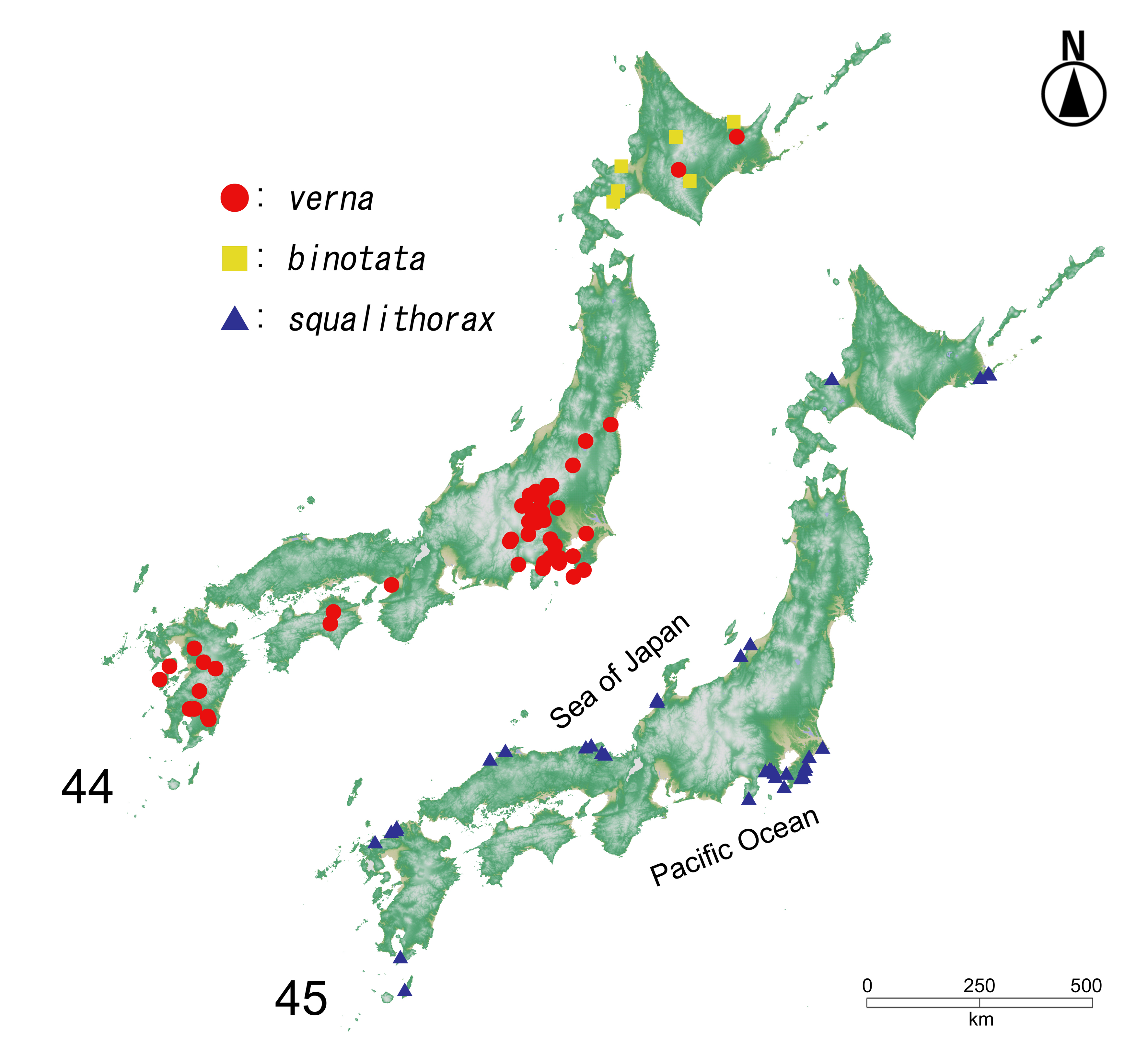 Map of Japan indicating locations of Aleochara species