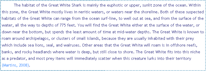 Text Box: 	The habitat of the Great White Shark is mainly the euphotic or upper, sunlit zone of the ocean. Within this zone, the Great White mostly lives in neritic waters, or waters near the shoreline. Both of these suspected habitats of the Great White can range from the ocean surf-line, to well out at sea, and from the surface of the water, all the way to depths of 775 feet. You will find the Great White either at the surface of the water, or down near the bottom, but spends the least amount of time at mid-water depths. The Great White is known to roam around archipelagos, or clusters of small islands, because they are usually inhabited with their prey which include sea lions, seal, and walruses. Other areas that the Great White will roam is in offshore reefs, banks, and rocky headlands where water is deep, but still close to shore. The Great White fits into this niche as a predator, and most prey items will immediately scatter when this creature lurks into their territory (Martins, 2008).