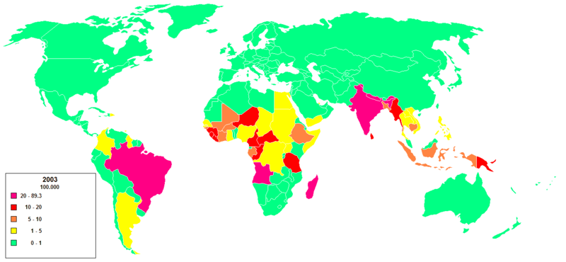 Worldwide distribution of Leprosy in 2003