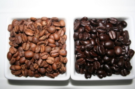 Different roasts of beans, light and dark from http://en.wikipedia.org/wiki/File:Roasted_coffee_vs_over-roasted_coffee.jpg