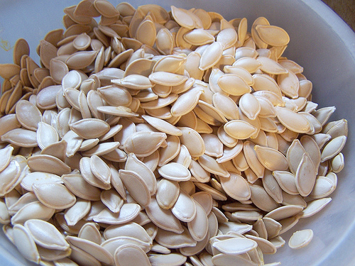 Pumpkin seeds with coat.  Found at http://www.flickr.com/photos/spartasoap/2887555956/>.