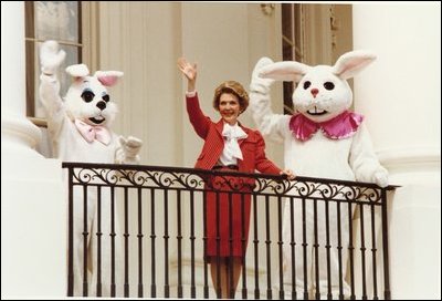 Nancy Regan with a pair of Easter Bunnies from http://commons.wikimedia.org/wiki/File:Nancy_Reagan_WH_Easter_Egg_Roll_1981_wave.jpg