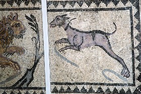 Dog mosaic showing hunting from the floor of a Roman villa. Courtesy of Mosesofmason