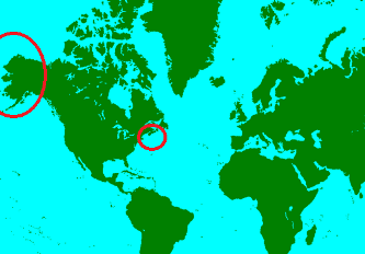 Location of snow crabs in the United States circled in red.  Photo edited by author and retrieved from http://en.wikipedia.org/wiki/File:World_Map_flat_Mercator.png on 15 Apr 2012