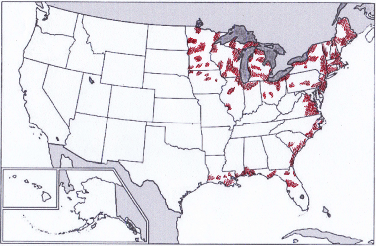 Image shows map of United States with highlighted areas where wild rice is found.