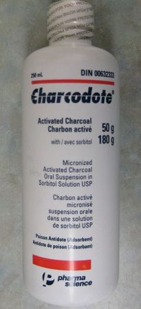 A bottle of activated charcoal for medical use