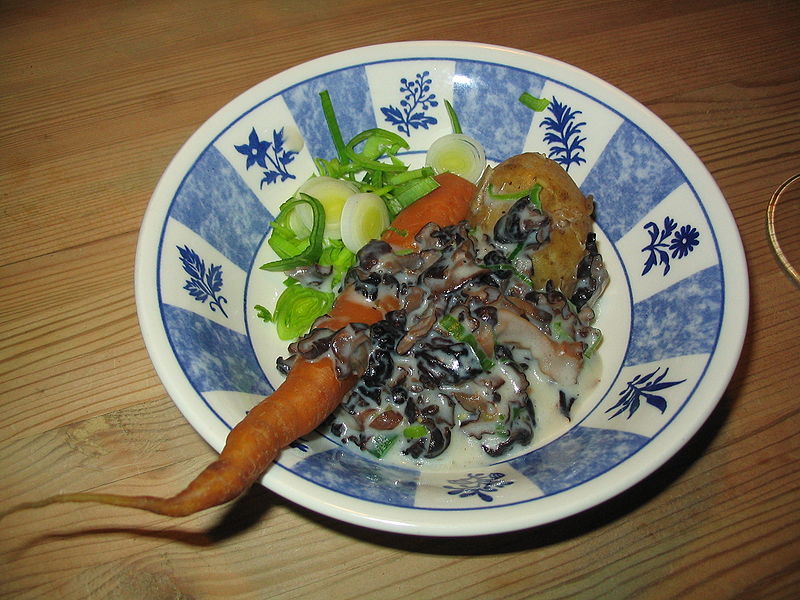 False morels prepared to eat with cream sauce and vegetables