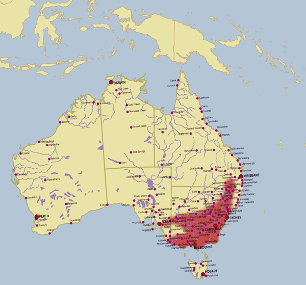 The distribution map shows the areas where eastern tiger snakes are prevelant throughout Australia. Image obtained from the Clinical Toxinology Resources website.