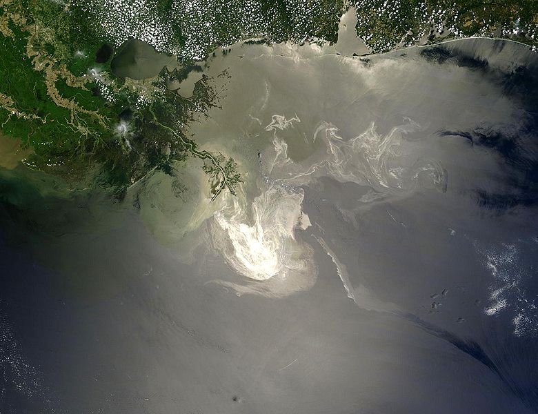 Image from space of the Deepwater Horizon oil spill, from Wikimedia Commons used with permission from NASA/GSFC, MODIS Rapid Response
