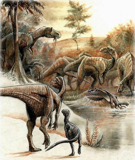 Maiasaura peeblesorum interacting in a herd environment at a nesting site