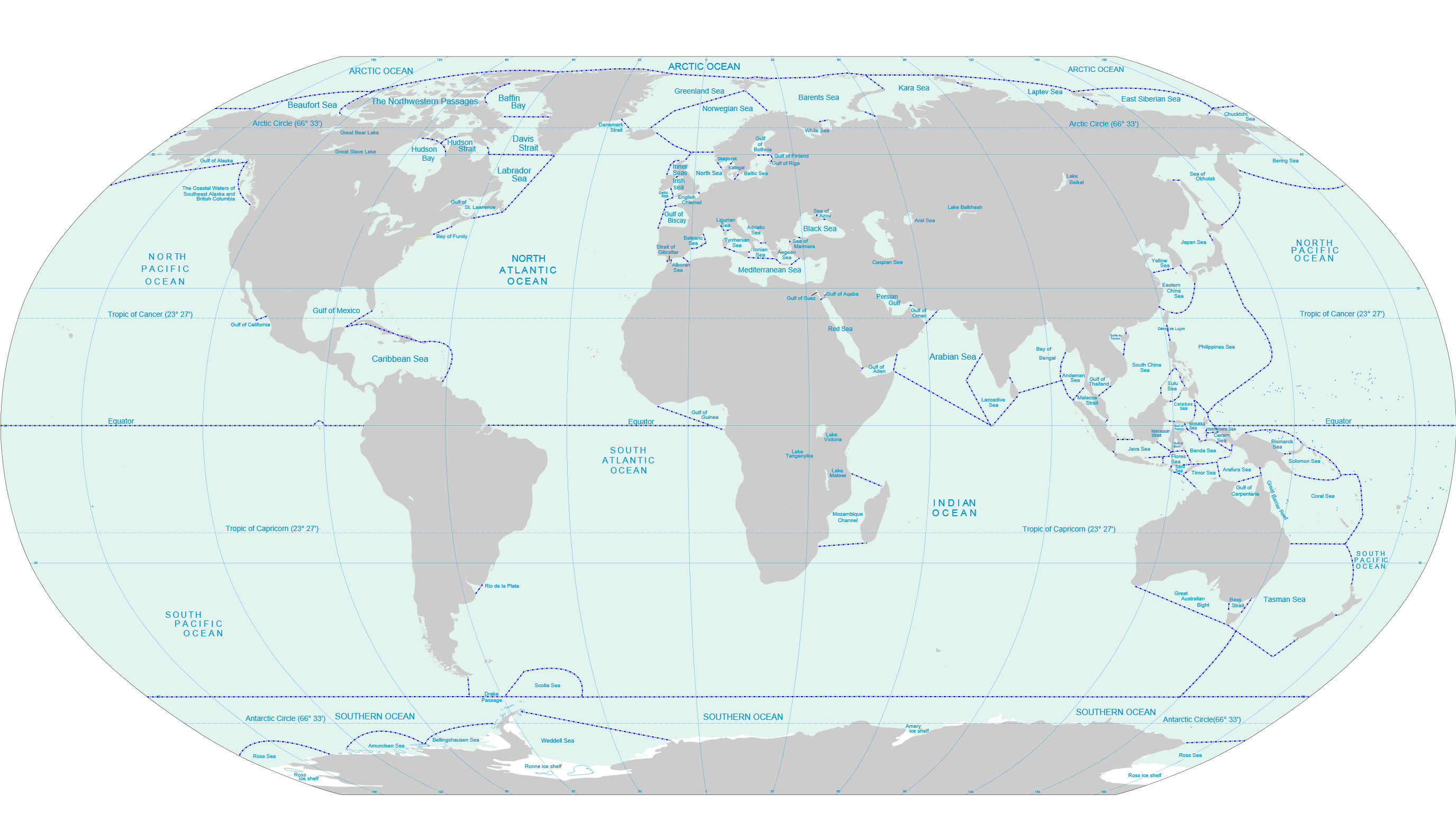 Map of world's seas and oceans by IHO.