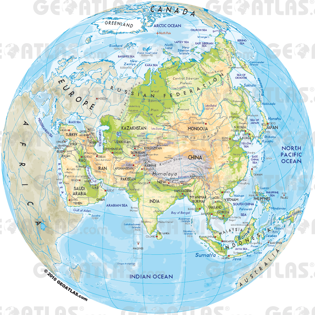 Globe focused on the Asain continent; Image by and retrieved from GEOATLAS.com