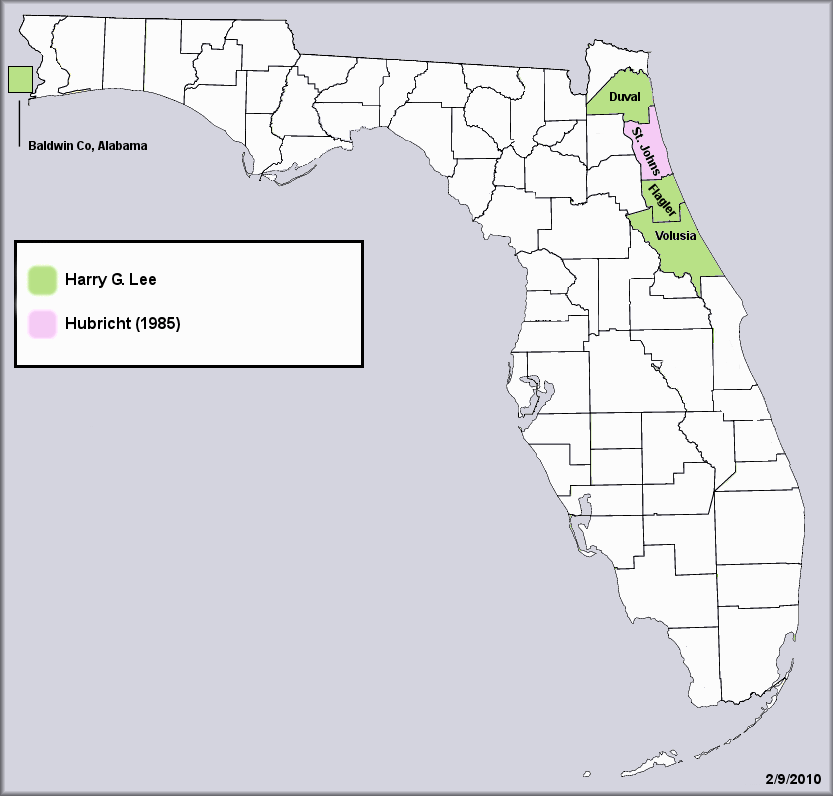 The snail's county by county distribution throughout florida, including Baldwin County, Alabama. Provided by jaxshells.org