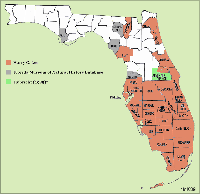 Distribution map of Daedalochila uvulifera in Florida.  Courtesy of Bill Frank